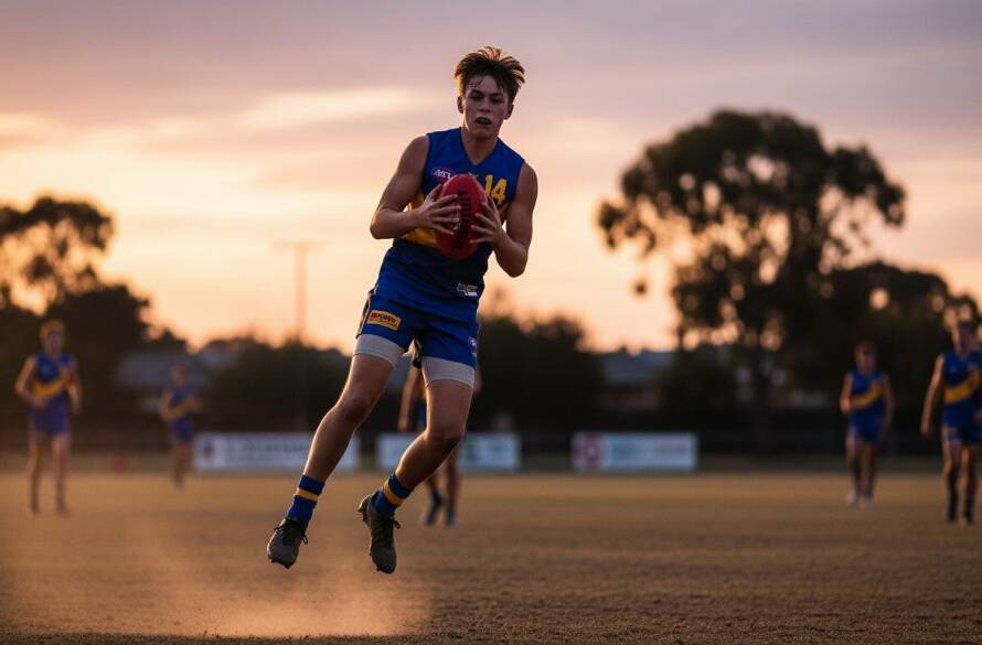 Dynamic Boronia Junior Sports Photography capturing a young athlete scoring a goal with intense focus and dramatic backlighting on a vibrant green oval in Boronia, celebrating an epic moment of achievement.