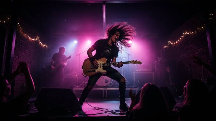 A dramatic, low-angle shot of a guitarist passionately performing on stage at a local venue in Box Hill North, illuminated by vibrant stage lights, capturing an epic moment of dynamic Box Hill North live gig photography.