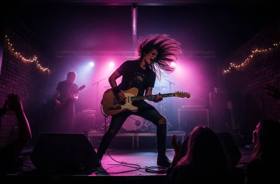 A dramatic, low-angle shot of a guitarist passionately performing on stage at a local venue in Box Hill North, illuminated by vibrant stage lights, capturing an epic moment of dynamic Box Hill North live gig photography.