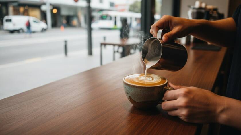 Dynamic Box Hill product photography for local brands, showcasing a sleek coffee machine with dramatic steam and professional lighting in a modern cafe setting, capturing an epic moment of morning rush.