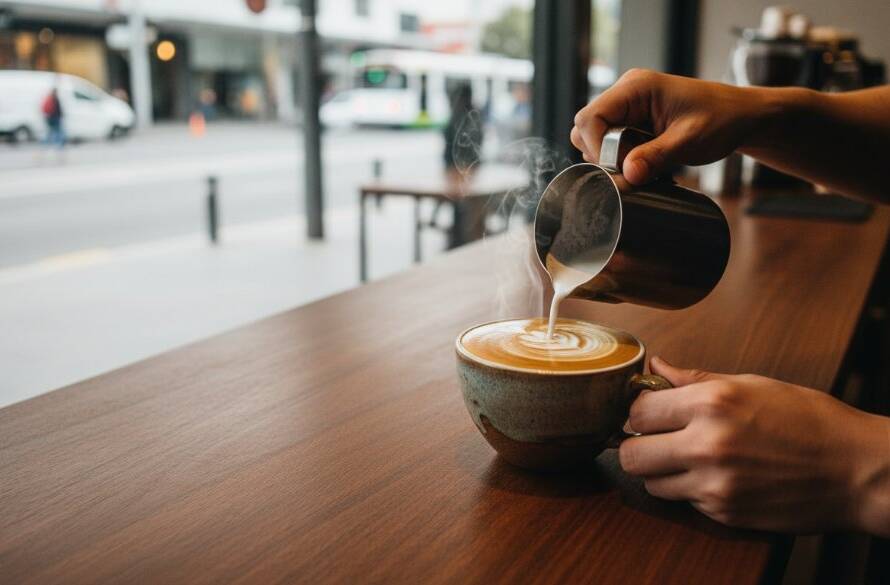 Dynamic Box Hill product photography for local brands, showcasing a sleek coffee machine with dramatic steam and professional lighting in a modern cafe setting, capturing an epic moment of morning rush.