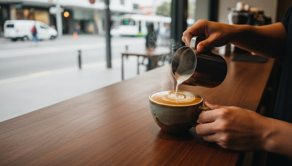 Dynamic Box Hill product photography for local brands, showcasing a sleek coffee machine with dramatic steam and professional lighting in a modern cafe setting, capturing an epic moment of morning rush.
