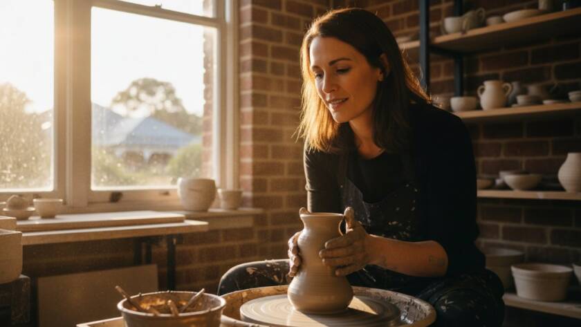 Dynamic Box Hill South editorial photography for local brand stories captured in an epic moment: A local artisan, bathed in dramatic late afternoon sunlight, passionately crafting at their workbench in a rustic studio near Box Hill Gardens, conveying authenticity and dedication.