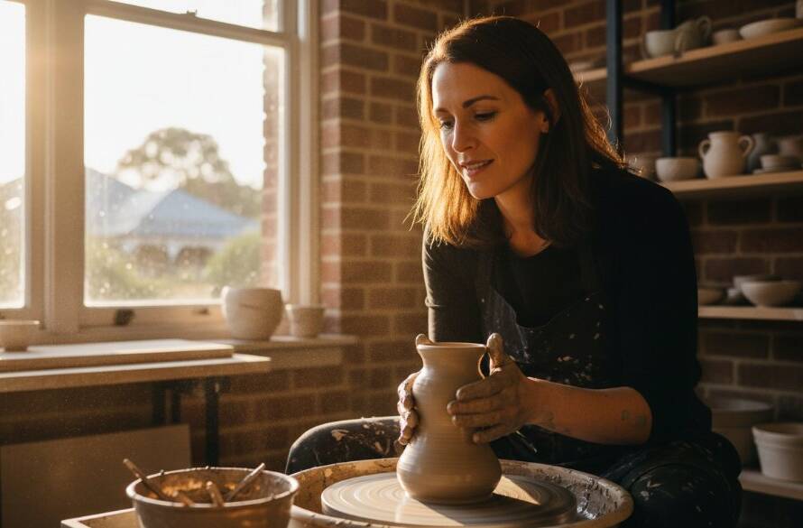 Dynamic Box Hill South editorial photography for local brand stories captured in an epic moment: A local artisan, bathed in dramatic late afternoon sunlight, passionately crafting at their workbench in a rustic studio near Box Hill Gardens, conveying authenticity and dedication.