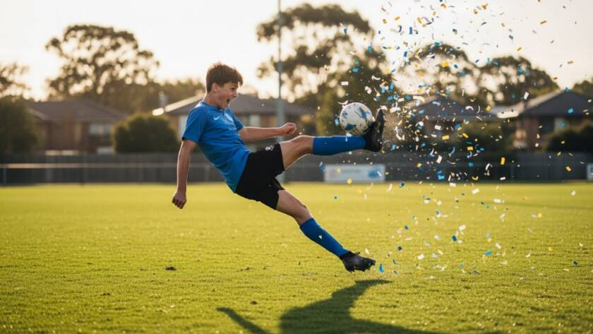 A dynamic Box Hill South youth sports photography shot captures a young athlete scoring a winning goal with intense focus, dramatic golden hour lighting, and celebratory teammates in the background on a local Box Hill South oval.