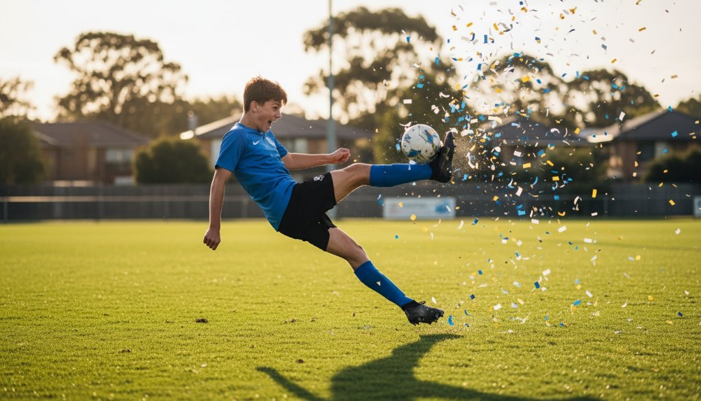 A dynamic Box Hill South youth sports photography shot captures a young athlete scoring a winning goal with intense focus, dramatic golden hour lighting, and celebratory teammates in the background on a local Box Hill South oval.