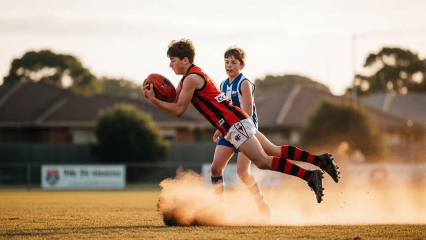 A powerful, low-angle shot of a soccer player mid-kick during a sunset match at Box Hill Gardens, perfectly exemplifying dynamic Box Hill sports photography captures of peak athletic performance with dramatic lighting.