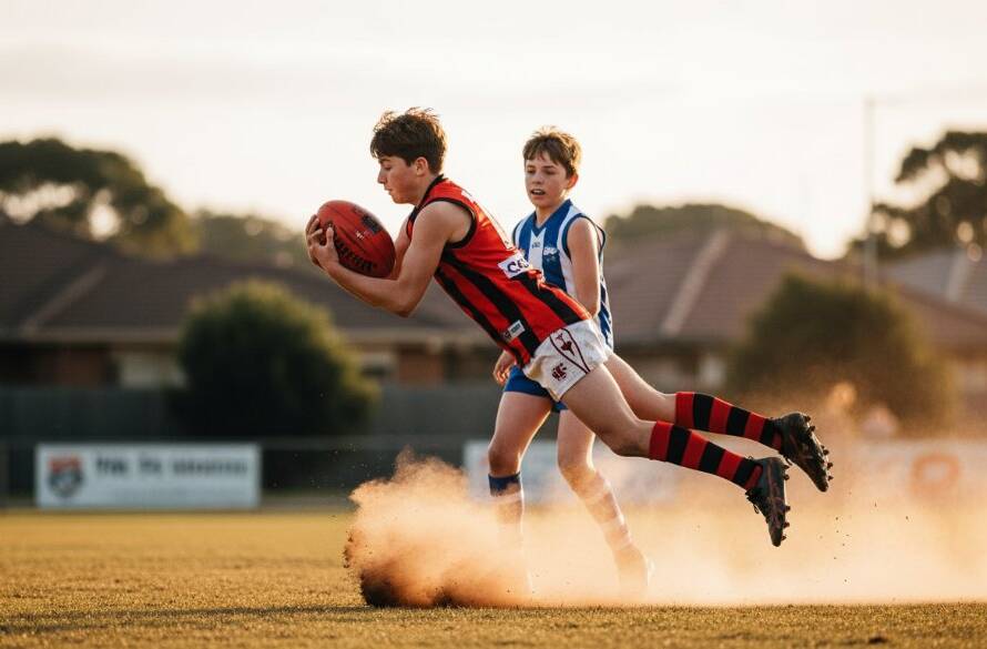 A powerful, low-angle shot of a soccer player mid-kick during a sunset match at Box Hill Gardens, perfectly exemplifying dynamic Box Hill sports photography captures of peak athletic performance with dramatic lighting.