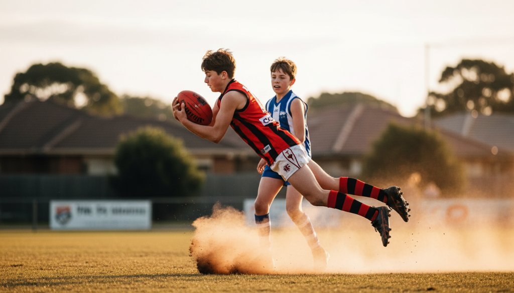 A powerful, low-angle shot of a soccer player mid-kick during a sunset match at Box Hill Gardens, perfectly exemplifying dynamic Box Hill sports photography captures of peak athletic performance with dramatic lighting.