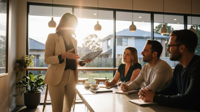 Dynamic branding photography for Balwyn North entrepreneurs captured in an epic moment: A confident female entrepreneur in a stylish Balwyn North café, passionately discussing her business with a client, bathed in golden hour light, showing genuine connection and professional excellence.