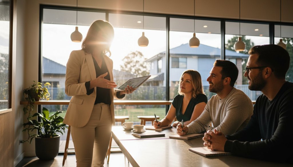 Dynamic branding photography for Balwyn North entrepreneurs captured in an epic moment: A confident female entrepreneur in a stylish Balwyn North café, passionately discussing her business with a client, bathed in golden hour light, showing genuine connection and professional excellence.