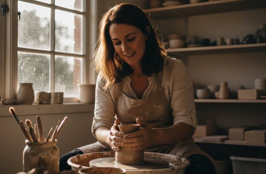 Dynamic branding photography Nunawading Victoria for local entrepreneurs, featuring a female artisan passionately creating ceramics in a sunlit studio, her hands covered in clay, dramatic side lighting highlighting the texture and focus, a triumphant and authentic moment.
