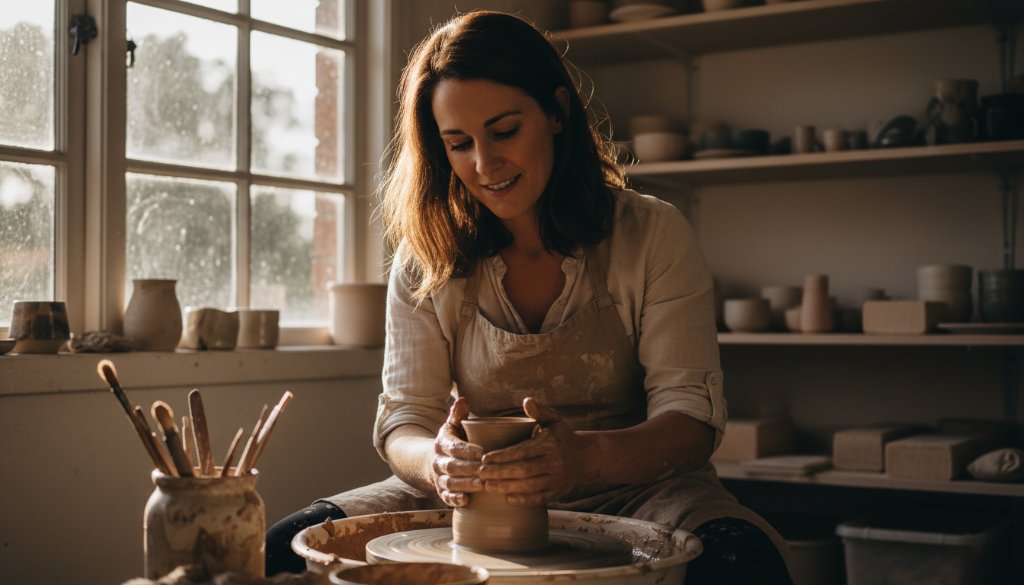 Dynamic branding photography Nunawading Victoria for local entrepreneurs, featuring a female artisan passionately creating ceramics in a sunlit studio, her hands covered in clay, dramatic side lighting highlighting the texture and focus, a triumphant and authentic moment.