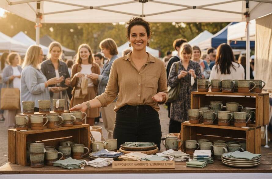 An ecstatic small business owner in Burwood East celebrating a successful product launch, with a perfectly lit display of their new locally-made gourmet food items, captured with dynamic Burwood East advertising photography local businesses style, showcasing joy and brand success.