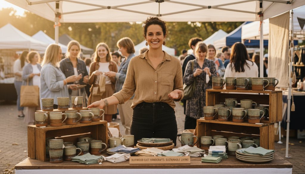 An ecstatic small business owner in Burwood East celebrating a successful product launch, with a perfectly lit display of their new locally-made gourmet food items, captured with dynamic Burwood East advertising photography local businesses style, showcasing joy and brand success.