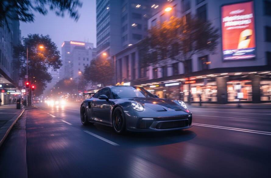 Dramatic shot of a sleek, dark sports car in motion, showcasing dynamic car photography in Forest Hill's vibrant streetscapes at dusk, with professional light trails and a stunning urban backdrop.