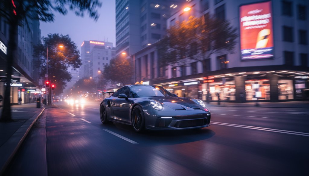 Dramatic shot of a sleek, dark sports car in motion, showcasing dynamic car photography in Forest Hill's vibrant streetscapes at dusk, with professional light trails and a stunning urban backdrop.
