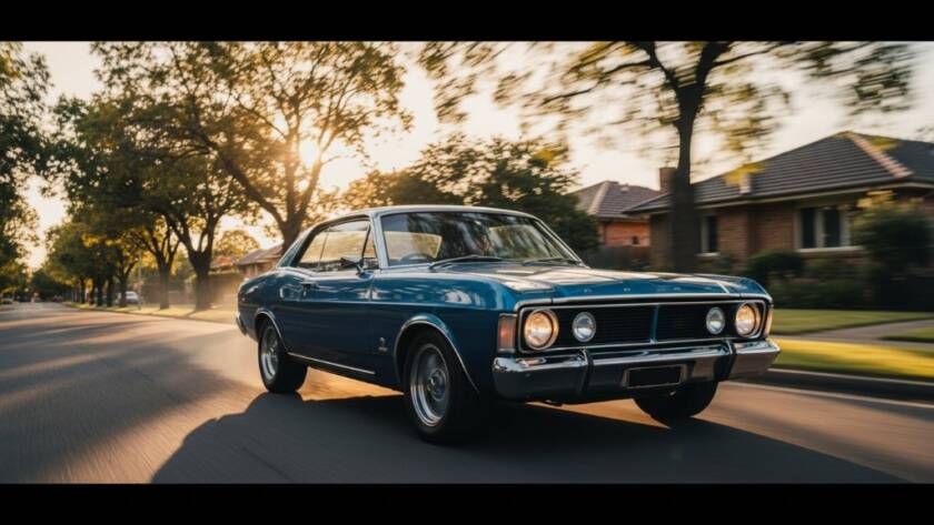 An epic moment of a classic muscle car performing a controlled powerslide on a quiet, tree-lined street in Burwood, Victoria, captured during a professional Dynamic Car Photoshoots Burwood Victoria session, with dramatic evening light highlighting the vehicle's design and motion blur conveying speed.