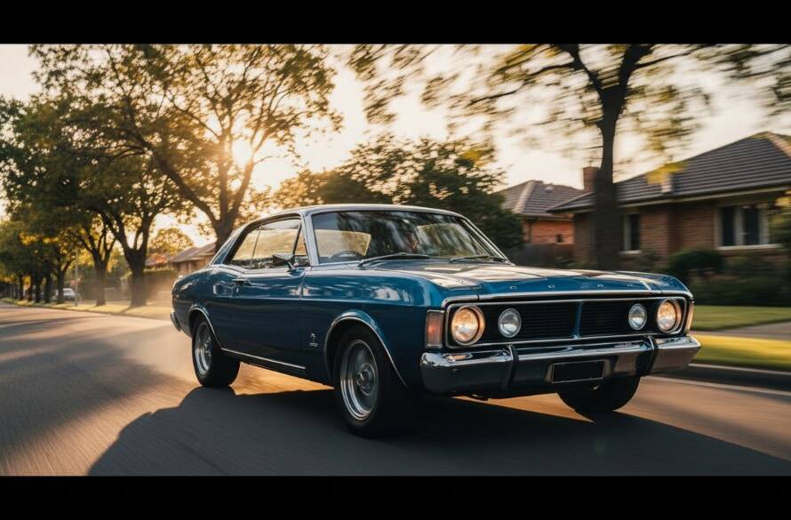 An epic moment of a classic muscle car performing a controlled powerslide on a quiet, tree-lined street in Burwood, Victoria, captured during a professional Dynamic Car Photoshoots Burwood Victoria session, with dramatic evening light highlighting the vehicle's design and motion blur conveying speed.