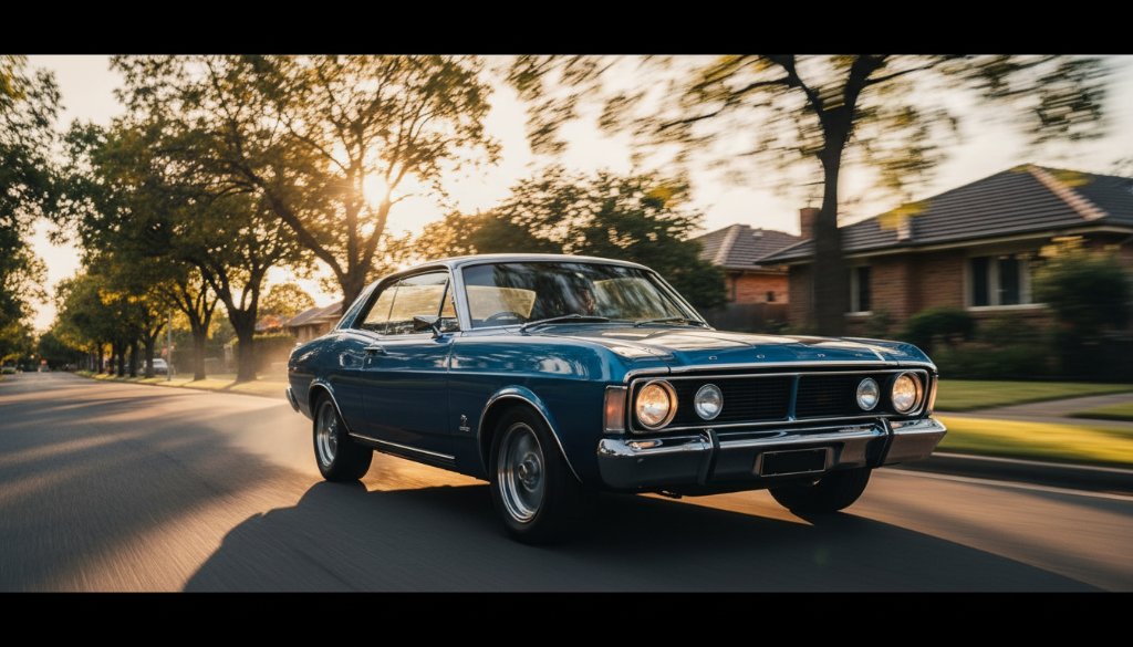 An epic moment of a classic muscle car performing a controlled powerslide on a quiet, tree-lined street in Burwood, Victoria, captured during a professional Dynamic Car Photoshoots Burwood Victoria session, with dramatic evening light highlighting the vehicle's design and motion blur conveying speed.