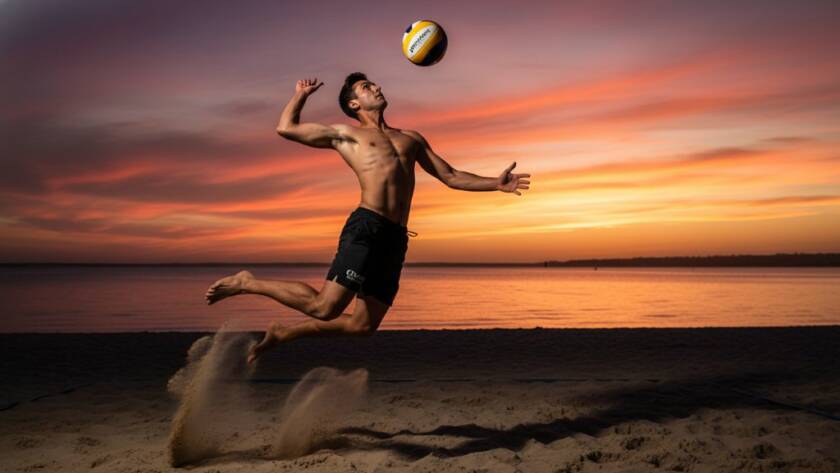 An exhilarating high-contrast action shot of a local junior athlete making a dynamic leap during a beach volleyball game at Carrum Beach, embodying Dynamic Carrum Sports Photography Victoria, with the shimmering bay and golden sand in the background under dramatic, late-afternoon sunlight.