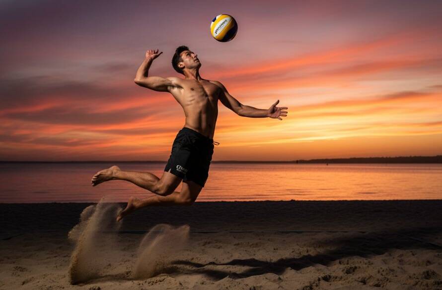 An exhilarating high-contrast action shot of a local junior athlete making a dynamic leap during a beach volleyball game at Carrum Beach, embodying Dynamic Carrum Sports Photography Victoria, with the shimmering bay and golden sand in the background under dramatic, late-afternoon sunlight.