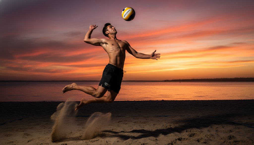 An exhilarating high-contrast action shot of a local junior athlete making a dynamic leap during a beach volleyball game at Carrum Beach, embodying Dynamic Carrum Sports Photography Victoria, with the shimmering bay and golden sand in the background under dramatic, late-afternoon sunlight.