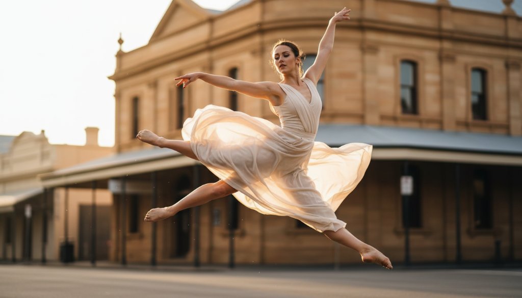 A powerful dynamic Castlemaine dance photography capture showing a dancer frozen mid-air in an elegant leap against the dramatic backdrop of historic Castlemaine architecture at dusk, illuminated by professional studio lighting.