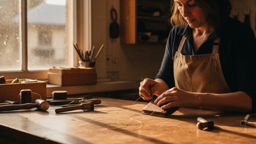 An emotionally charged, dynamic Castlemaine editorial photography scene featuring a local artisan passionately crafting a unique piece inside their historic workshop, bathed in dramatic golden hour light, showcasing the authentic story of regional craftsmanship.