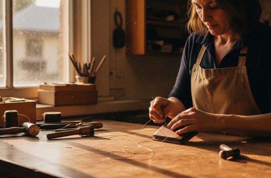 An emotionally charged, dynamic Castlemaine editorial photography scene featuring a local artisan passionately crafting a unique piece inside their historic workshop, bathed in dramatic golden hour light, showcasing the authentic story of regional craftsmanship.