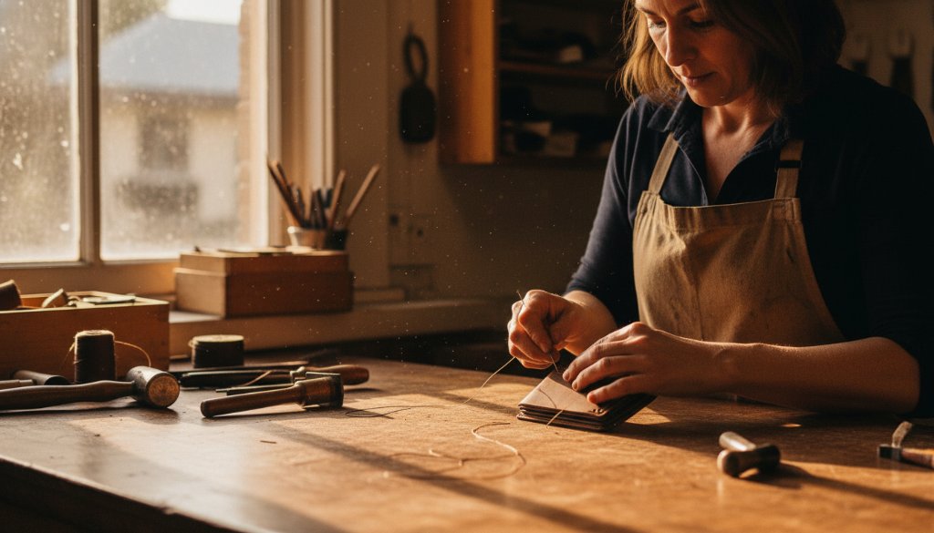 An emotionally charged, dynamic Castlemaine editorial photography scene featuring a local artisan passionately crafting a unique piece inside their historic workshop, bathed in dramatic golden hour light, showcasing the authentic story of regional craftsmanship.