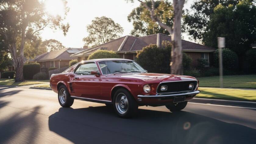 Dramatic low-angle shot of a meticulously restored vintage Ford Mustang driving through a tree-lined street in Ashwood, Victoria at sunset, captured with dynamic classic car photography Ashwood Victoria, highlighting its sleek profile and the golden hour light.