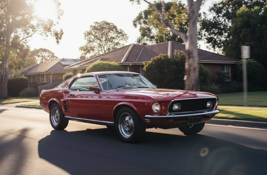 Dramatic low-angle shot of a meticulously restored vintage Ford Mustang driving through a tree-lined street in Ashwood, Victoria at sunset, captured with dynamic classic car photography Ashwood Victoria, highlighting its sleek profile and the golden hour light.