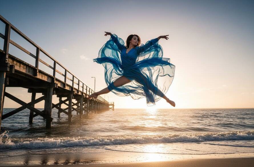 A dancer in mid-air, silhouetted against a dramatic sunset over Tooradin Jetty, performing a powerful leap for dynamic coastal dance photography Tooradin Jetty, capturing an epic moment of grace and strength.