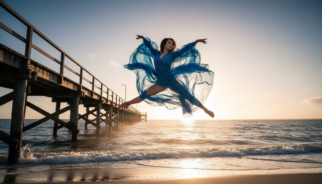 A dancer in mid-air, silhouetted against a dramatic sunset over Tooradin Jetty, performing a powerful leap for dynamic coastal dance photography Tooradin Jetty, capturing an epic moment of grace and strength.