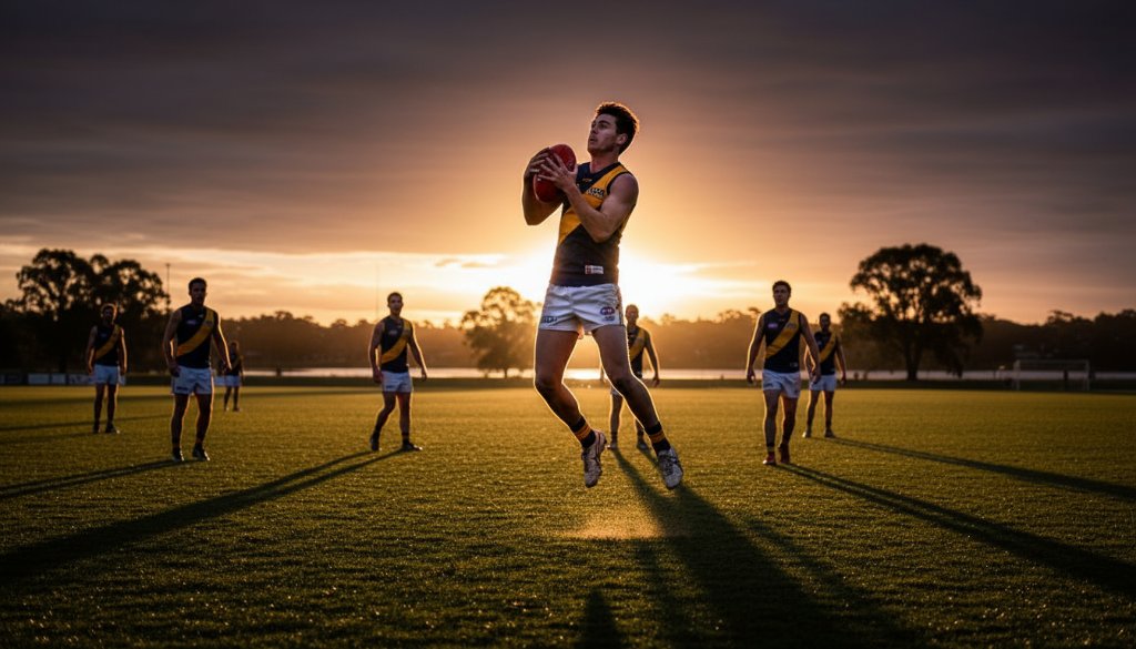 An athlete in a moment of intense exertion, mid-air during a dynamic Colac sports photography capturing peak action, dramatic lighting illuminating their focused expression on a Colac sports field.