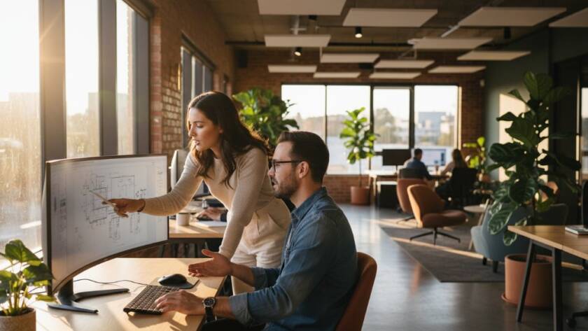 An epic, cinematic shot of a modern, bustling co-working space in Caulfield, Victoria, with professionals collaborating, showcasing dynamic commercial photography in Caulfield Victoria, bathed in warm, inviting light, conveying energy and professionalism.
