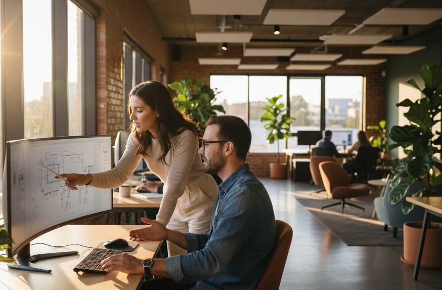 An epic, cinematic shot of a modern, bustling co-working space in Caulfield, Victoria, with professionals collaborating, showcasing dynamic commercial photography in Caulfield Victoria, bathed in warm, inviting light, conveying energy and professionalism.