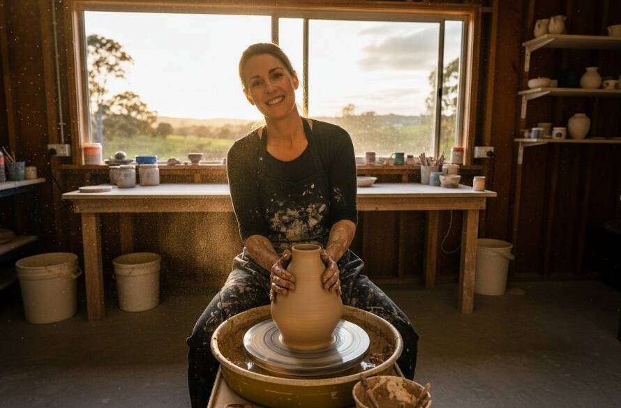 Dynamic commercial photography Narre Warren North businesses: A wide-angle, cinematic shot capturing a local artisan proudly showcasing their handmade products within their rustic Narre Warren North studio, bathed in golden hour light, conveying passion and quality with a strong sense of place.