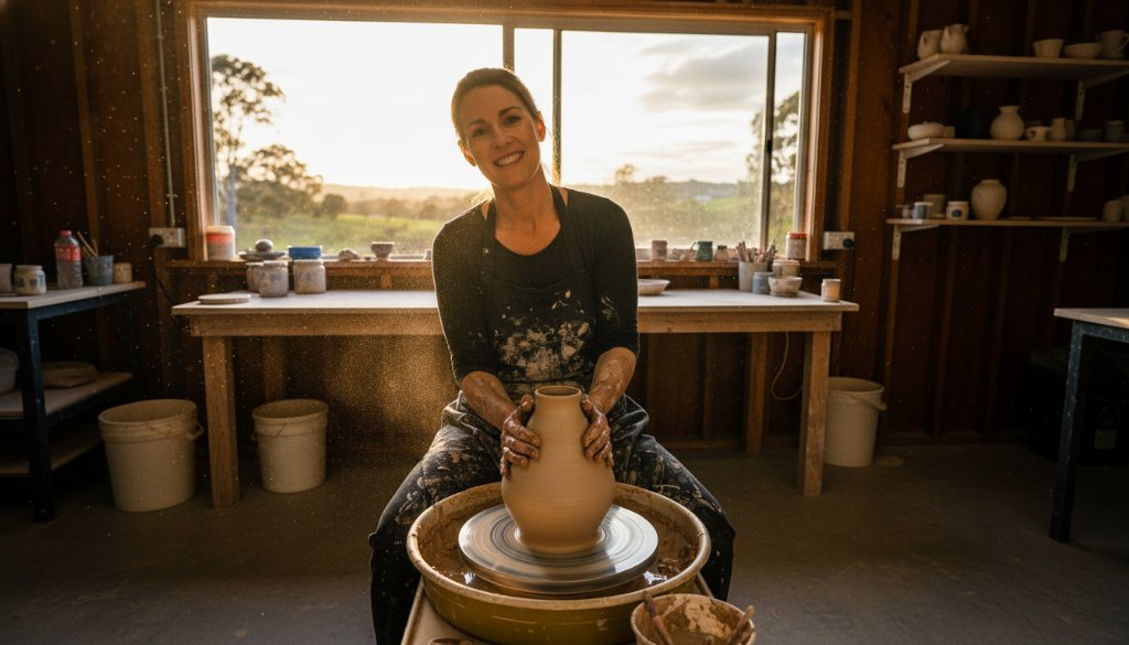 Dynamic commercial photography Narre Warren North businesses: A wide-angle, cinematic shot capturing a local artisan proudly showcasing their handmade products within their rustic Narre Warren North studio, bathed in golden hour light, conveying passion and quality with a strong sense of place.