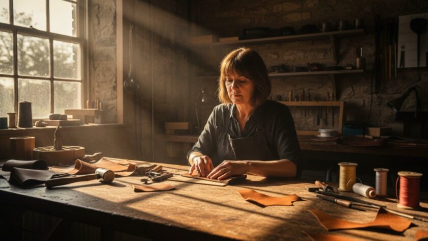Dynamic commercial photography Newborough businesses benefit from: A wide-angle shot of a local artisan in a workshop, dramatically lit, holding a finely crafted wooden object, with sparks subtly flying in the background, showcasing dedication and skill.