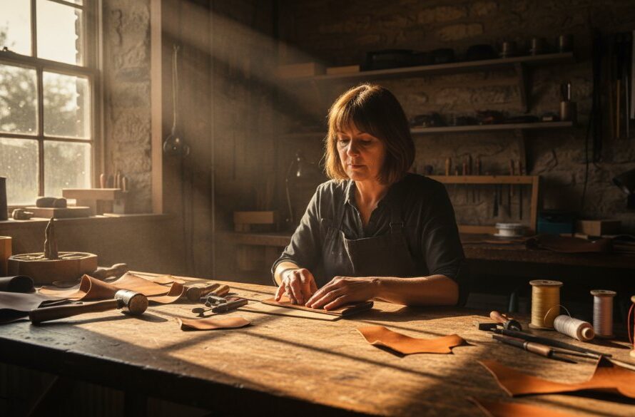 Dynamic commercial photography Newborough businesses benefit from: A wide-angle shot of a local artisan in a workshop, dramatically lit, holding a finely crafted wooden object, with sparks subtly flying in the background, showcasing dedication and skill.