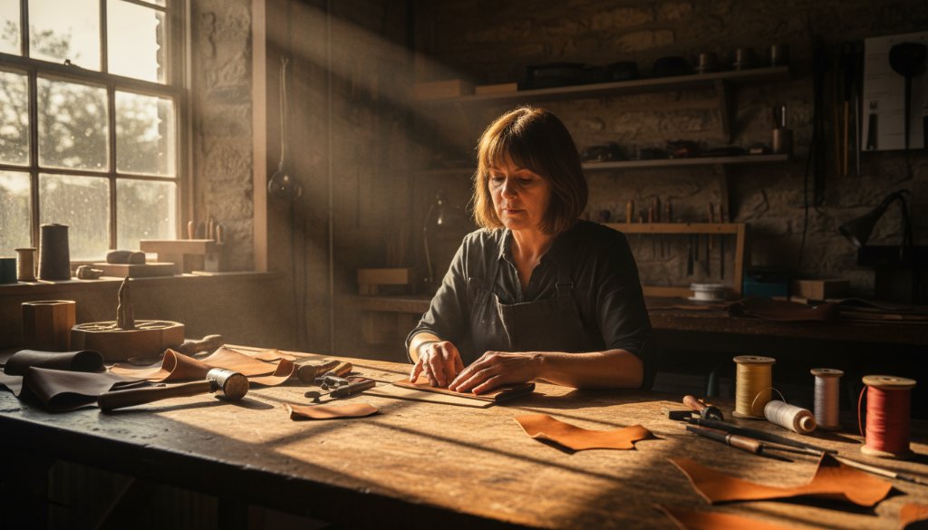 Dynamic commercial photography Newborough businesses benefit from: A wide-angle shot of a local artisan in a workshop, dramatically lit, holding a finely crafted wooden object, with sparks subtly flying in the background, showcasing dedication and skill.