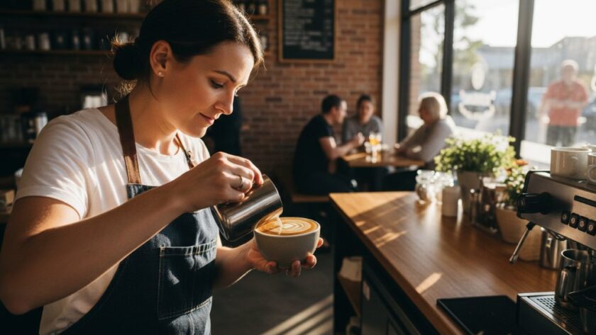 An epic moment of a vibrant coffee roaster in Newtown, Victoria, expertly captured in dynamic commercial photography, showcasing passion and brand story with dramatic lighting.