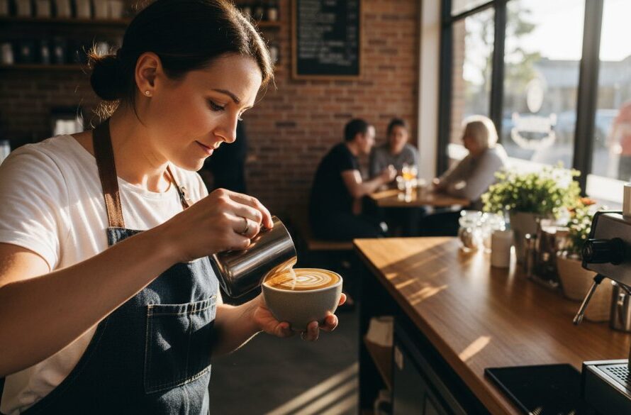 An epic moment of a vibrant coffee roaster in Newtown, Victoria, expertly captured in dynamic commercial photography, showcasing passion and brand story with dramatic lighting.