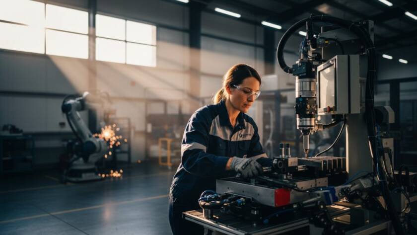 An 'epic moment' shot capturing a local artisan in Sunshine West, Victoria, dramatically lit, showcasing their handcrafted product in a busy workshop setting, exemplifying dynamic commercial photography Sunshine West Victoria.