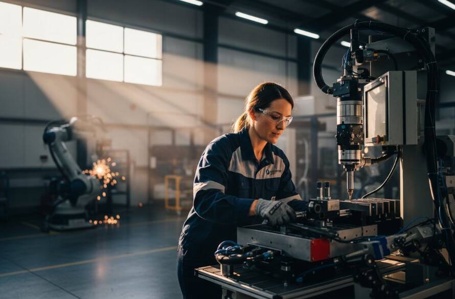 An 'epic moment' shot capturing a local artisan in Sunshine West, Victoria, dramatically lit, showcasing their handcrafted product in a busy workshop setting, exemplifying dynamic commercial photography Sunshine West Victoria.