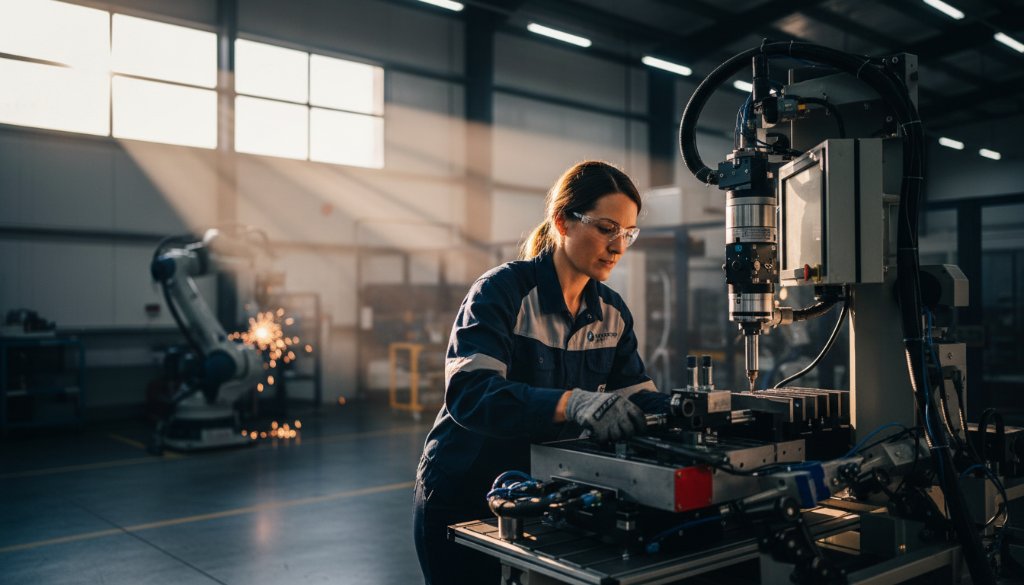 An 'epic moment' shot capturing a local artisan in Sunshine West, Victoria, dramatically lit, showcasing their handcrafted product in a busy workshop setting, exemplifying dynamic commercial photography Sunshine West Victoria.