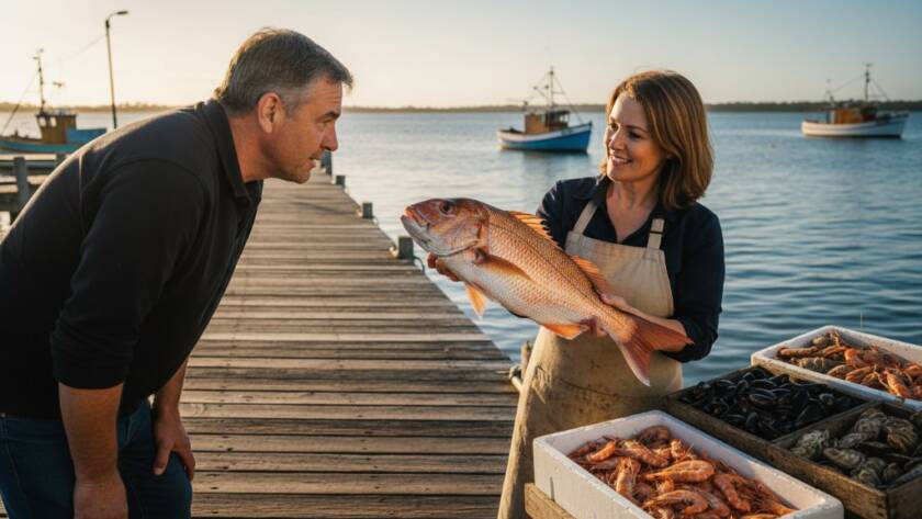 Dynamic commercial photography Tooradin businesses captured in an epic, wide-angle shot of a local seafood vendor at Tooradin Jetty, dramatically lit by a setting sun, showcasing fresh produce with a vibrant, professional aesthetic.