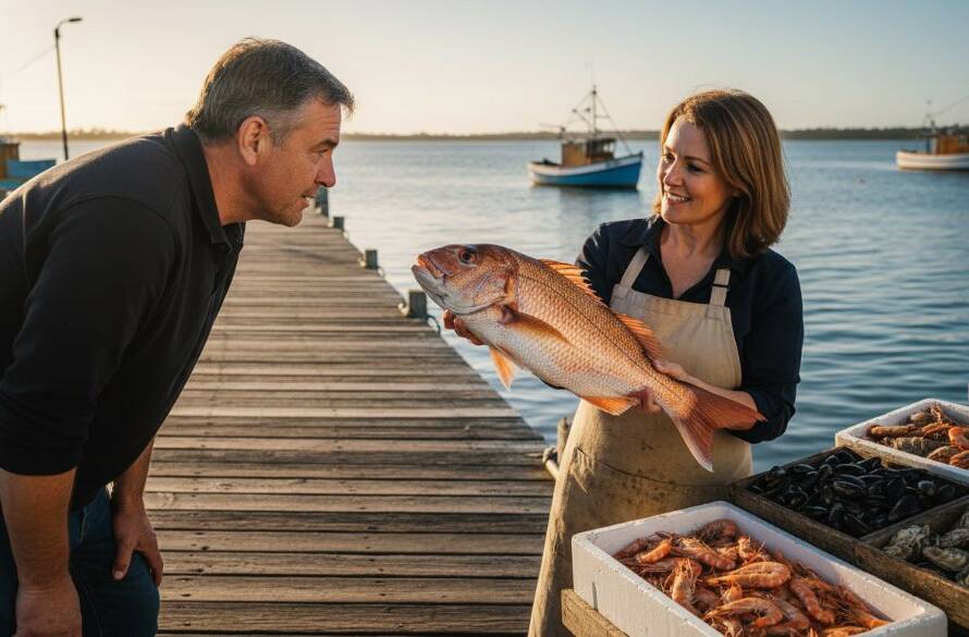Dynamic commercial photography Tooradin businesses captured in an epic, wide-angle shot of a local seafood vendor at Tooradin Jetty, dramatically lit by a setting sun, showcasing fresh produce with a vibrant, professional aesthetic.